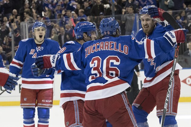 New York Rangers right wing Mats Zuccarello (36) celebrates with his teammates after scoring a second goal during the second period of Game 6 of a first-round NHL hockey Stanley Cup playoff series against the Montreal Canadiens, Saturday, April 22, 2017, at Madison Square Garden in New York. (AP Photo/Mary Altaffer)
