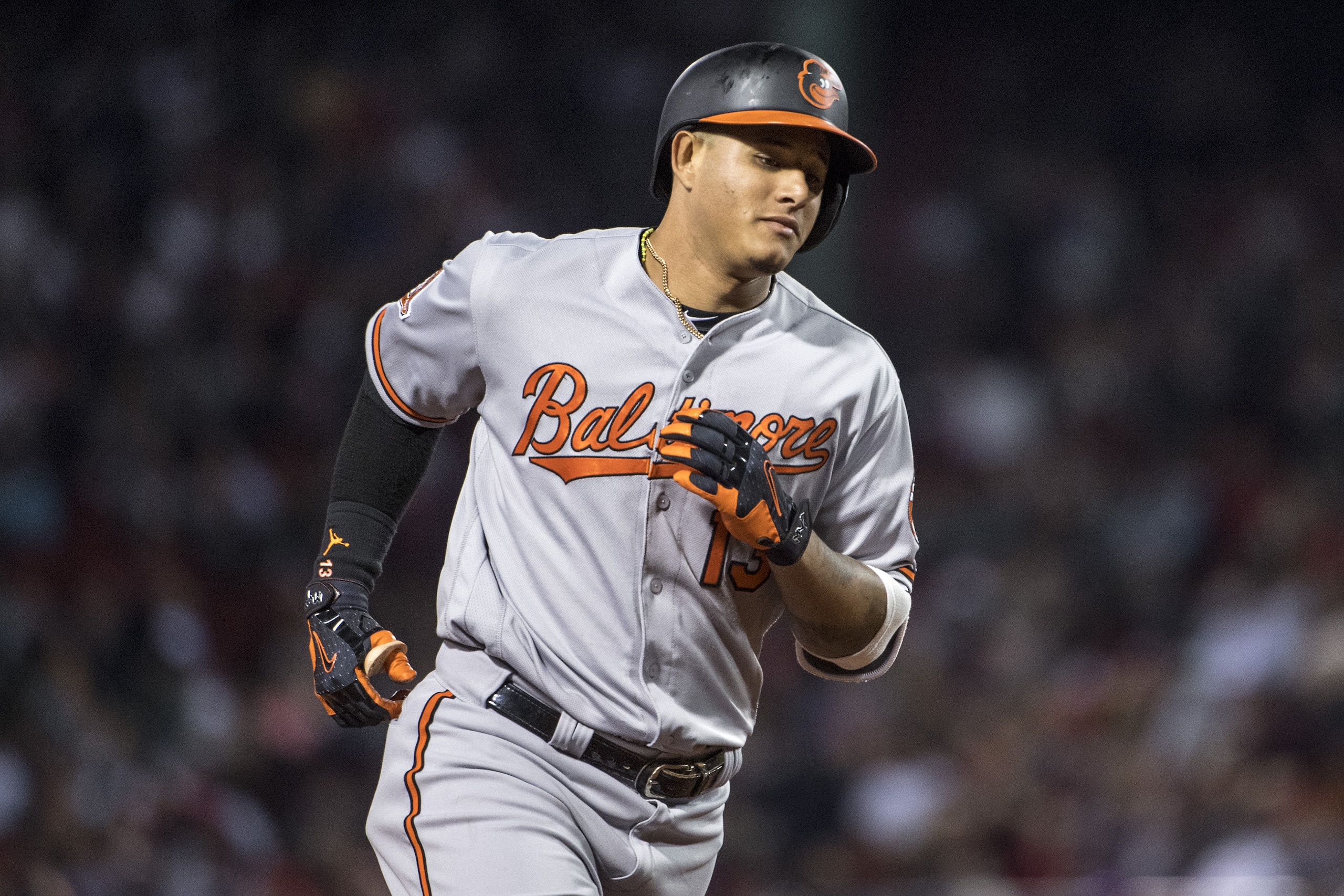 BOSTON, MA - MAY 2: Manny Machado #13 of the Baltimore Orioles rounds the bases after hitting a solo home run during the seventh inning of a game against the Boston Red Sox on May 2, 2017 at Fenway Park in Boston, Massachusetts. (Photo by Billie Weiss/Boston Red Sox/Getty Images)
