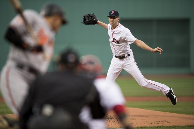 BOSTON, MA - MAY 2: Chris Sale #41 of the Boston Red Sox throws an inside pitch to Manny Machado #13 of the Baltimore Orioles in the first inning at Fenway Park on May 2, 2017 in Boston, Massachusetts.  (Photo by Michael Ivins/Boston Red Sox/Getty Images)