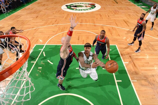 BOSTON, MA - MAY 2: Isaiah Thomas #4 of the Boston Celtics goes for a lay up during the game against the Washington Wizards during Game Two of the Eastern Conference Semifinals of the 2017 NBA Playoffs on May 2, 2017 at the TD Garden in Boston, Massachusetts.  NOTE TO USER: User expressly acknowledges and agrees that, by downloading and or using this photograph, User is consenting to the terms and conditions of the Getty Images License Agreement. Mandatory Copyright Notice: Copyright 2017 NBAE  (Photo by Brian Babineau/NBAE via Getty Images)