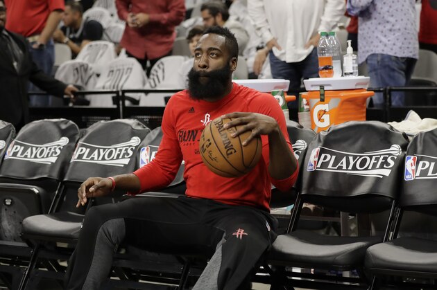 Houston Rockets guard James Harden (13) before a second-round NBA playoff series basketball game against the San Antonio Spurs , Monday, May 1, 2017, in San Antonio. (AP Photo/Eric Gay)