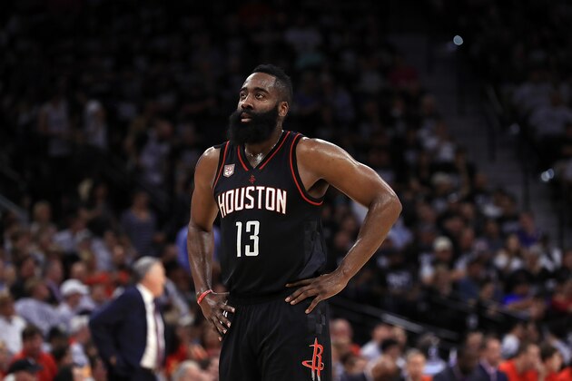 SAN ANTONIO, TX - MAY 01:  James Harden #13 of the Houston Rockets in the second quarter of play against the San Antonio Spurs during Game One of the NBA Western Conference Semi-Finals at AT&T Center on May 1, 2017 in San Antonio, Texas.  NOTE TO USER: User expressly acknowledges and agrees that, by downloading and or using this photograph, User is consenting to the terms and conditions of the Getty Images License Agreement.  (Photo by Ronald Martinez/Getty Images)