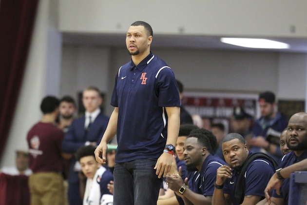 Nathan Hale's head coach Brandon Roy is seen on the sidelines against Oak Hill Academy during a high school basketball game at the 2017 Hoophall Classic on Monday, January 16, 2017, in Springfield, MA. (AP Photo/Gregory Payan)