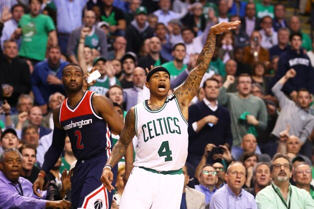 BOSTON, MA - MAY 2: Isaiah Thomas #4 of the Boston Celtics reacts after hitting a three point shot against the Washington Wizards during the fourth quarter of Game Two of the Eastern Conference Semifinals at TD Garden on May 2, 2017 in Boston, Massachusetts. The Celtics defeat the Wizards 129-119. NOTE TO USER: User expressly acknowledges and agrees that, by downloading and or using this Photograph, user is consenting to the terms and conditions of the Getty Images License Agreement. (Photo by Maddie Meyer/Getty Images)