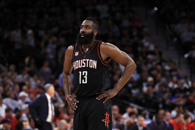 SAN ANTONIO, TX - MAY 01:  James Harden #13 of the Houston Rockets in the second quarter of play against the San Antonio Spurs during Game One of the NBA Western Conference Semi-Finals at AT&T Center on May 1, 2017 in San Antonio, Texas.  NOTE TO USER: User expressly acknowledges and agrees that, by downloading and or using this photograph, User is consenting to the terms and conditions of the Getty Images License Agreement.  (Photo by Ronald Martinez/Getty Images)