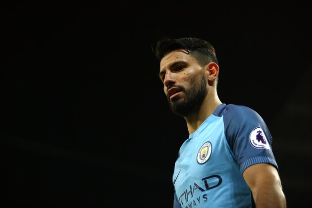MANCHESTER, ENGLAND - APRIL 27:  Sergio Aguero of Manchester City looks on during the Premier League match between Manchester City and Manchester United at Etihad Stadium on April 27, 2017 in Manchester, England.  (Photo by Robbie Jay Barratt - AMA/Getty Images)