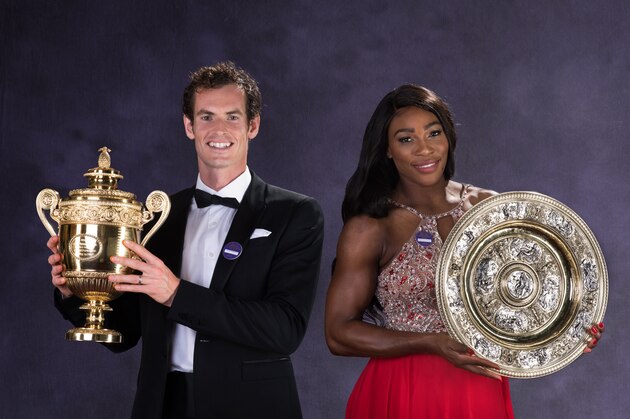 LONDON, ENGLAND - JULY 10:  (EDITORS NOTE: This is a composite images and has been retouched) (EDITORIAL USE ONLY - NO COMMERCIAL USAGE) Wimbledon men's singles Tennis Champion Andy Murray of Great Britain and the ladies singles Tennis Champion Serena Williams of the United States pose with the trophies at the Wimbledon Champions Dinner 2016 at the Guild Hall on July 10, 2016 in London, England.  (Photo by Bob Martin/AELTC/Pool/Getty Images)