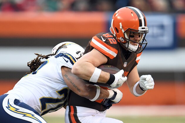 CLEVELAND, OH - DECEMBER 24:  Gary Barnidge #82 of the Cleveland Browns is tackled by a member of the San Diego Chargers at FirstEnergy Stadium on December 24, 2016 in Cleveland, Ohio. (Photo by Jason Miller/Getty Images)