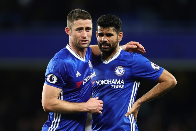 LONDON, ENGLAND - APRIL 05:  Gary Cahill (L) of Chelsea embraces Diego Costa at the end of the Premier League match between Chelsea and Manchester City at Stamford Bridge on April 5, 2017 in London, England.  (Photo by Chris Brunskill Ltd/Getty Images)