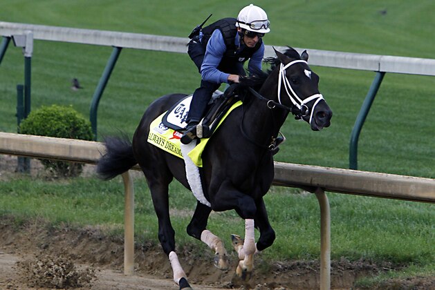 Kentucky Derby hopeful Always Dreaming works out under jockey John Velazquez at Churchill Downs in Louisville, Ky., Friday, April 28, 2017. Always Dreaming is one of five colts eyeing the May 6th horse race from the barn of trainer Todd Pletcher. (AP Photo/Garry Jones)