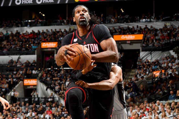 SAN ANTONIO, TX - MAY 1:  Nene Hilario #42 of the Houston Rockets goes to the basket against the San Antonio Spurs during Game One of the Western Conference Semifinals of the 2017 NBA Playoffs on May 1, 2017 at the AT&T Center in San Antonio, Texas. NOTE TO USER: User expressly acknowledges and agrees that, by downloading and or using this photograph, user is consenting to the terms and conditions of the Getty Images License Agreement. Mandatory Copyright Notice: Copyright 2017 NBAE (Photos by Jesse D. Garrabrant/NBAE via Getty Images)