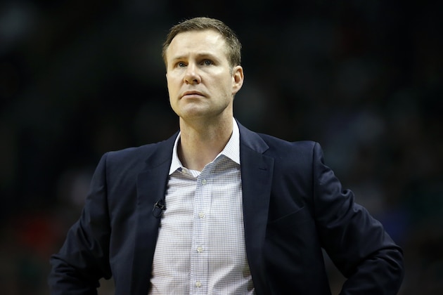 Chicago Bulls head coach Fred Hoiberg during the fourth quarter of a first-round NBA playoff basketball game against the Boston Celtics Sunday, April 16, 2017, in Boston. The Bulls won 106-102. (AP Photo/Michael Dwyer)