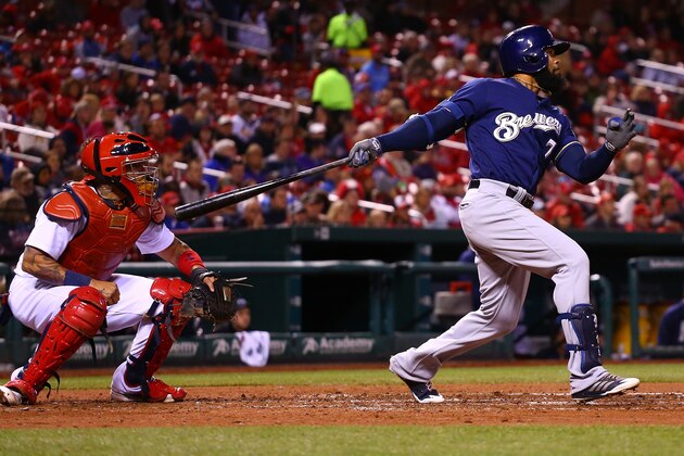 ST. LOUIS, MO - MAY 1: Eric Thames #7 of the Milwaukee Brewers hits an RBI double against the St. Louis Cardinals in the fifth inning at Busch Stadium on May 1, 2017 in St. Louis, Missouri.  (Photo by Dilip Vishwanat/Getty Images)