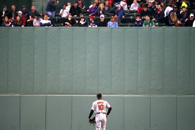 Baltimore Orioles' Adam Jones looks up at fans in center field during the third inning of a baseball game against the Boston Red Sox, Tuesday, May 2, 2017, in Boston. (AP Photo/Michael Dwyer)