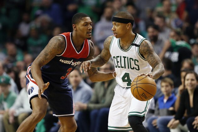 Washington Wizards' Bradley Beal (3) defends against Boston Celtics' Isaiah Thomas (4) during the fourth quarter of a second-round NBA playoff series basketball game, Sunday, April, 30, 2017, in Boston. The Celtics won 123-111. (AP Photo/Michael Dwyer)