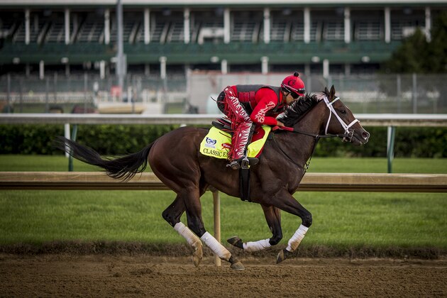 LOUISVILLE, KY - MAY 03: Classic Empire, owned by John Oxley and trained by Mark E. Casse, with Martin Rivers aboard exercises in preparation for the Kentucky Derby at Churchill Downs on May 03, 2017 in Louisville, Kentucky. (Photo by Alex Evers/Eclipse Sportswire/Getty Images)