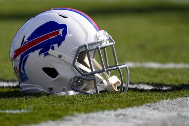 OAKLAND, CA - DECEMBER 04:  A detailed view of the helmets belonging to Sergio Brown #38 of the Buffalo Bills sitting on the field prior to the start of an NFL football game against the Oakland Raiders at the Oakland-Alameda Coliseum on December 4, 2016 in Oakland, California.  (Photo by Thearon W. Henderson/Getty Images)