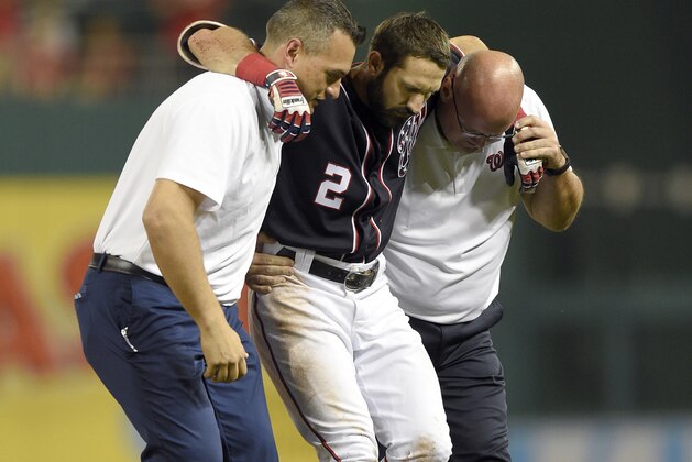 Washington Nationals' Adam Eaton (2) is carried off the field after he was injured during the ninth inning of a baseball game against the New York Mets, Friday, April 28, 2017, in Washington. (AP Photo/Nick Wass)