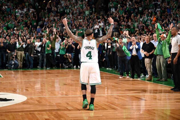 BOSTON, MA - MAY 2: Isaiah Thomas #4 of the Boston Celtics reacts during the game against the Washington Wizards during Game Two of the Eastern Conference Semifinals of the 2017 NBA Playoffs on May 2, 2017 at the TD Garden in Boston, Massachusetts.  NOTE TO USER: User expressly acknowledges and agrees that, by downloading and or using this photograph, User is consenting to the terms and conditions of the Getty Images License Agreement. Mandatory Copyright Notice: Copyright 2017 NBAE  (Photo by Brian Babineau/NBAE via Getty Images)