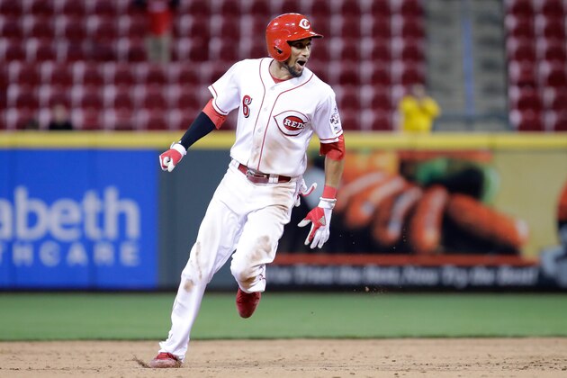 CINCINNATI, OH - MAY 01:  Billy Hamilton #6 of the Cincinnati Reds celebrates after hitting a game winning double the 10th inning against the Pittsburgh Pirates at Great American Ball Park on May 1, 2017 in Cincinnati, Ohio.  (Photo by Andy Lyons/Getty Images)