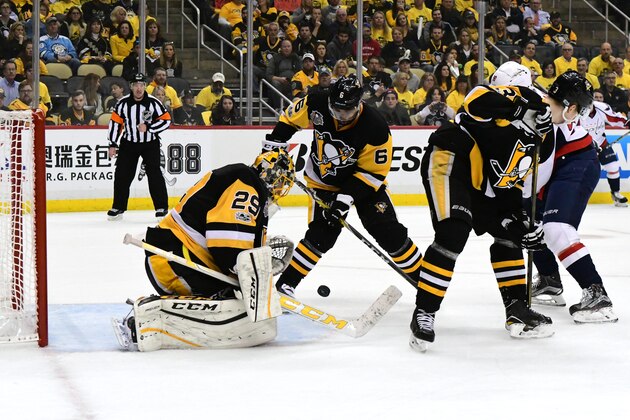 PITTSBURGH, PA - MAY 01:  Marc Andre-Fleury @29 of the Pittsburgh Penguins makes a save against the Washington Capitals in Game Three of the Eastern Conference Second Round during the 2017 NHL Stanley Cup Playoffs at PPG Paints Arena on May 1, 2017 in Pittsburgh, Pennsylvania. (Photo by Matt Kincaid/Getty Images)
