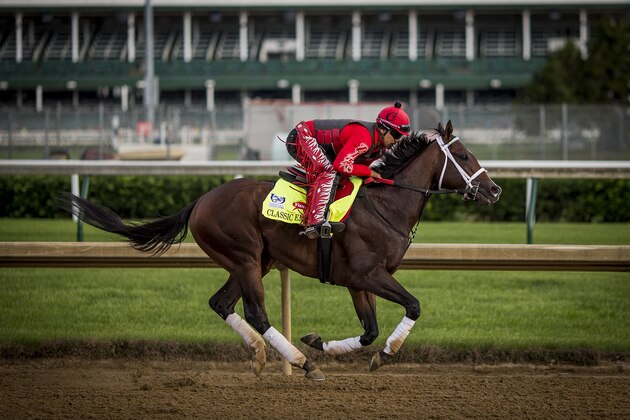 LOUISVILLE, KY - MAY 03: Classic Empire, owned by John Oxley and trained by Mark E. Casse, with Martin Rivers aboard exercises in preparation for the Kentucky Derby at Churchill Downs on May 03, 2017 in Louisville, Kentucky. (Photo by Alex Evers/Eclipse Sportswire/Getty Images)