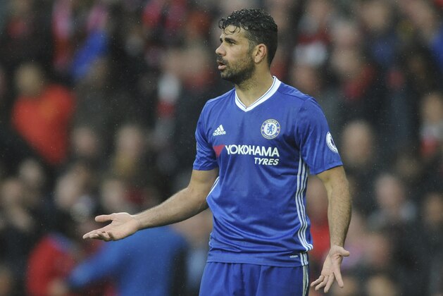 Chelsea's Diego Costa reacts after his team lost the English Premier League soccer match between Manchester United and Chelsea at Old Trafford stadium in Manchester, Sunday, April 16, 2017.(AP Photo/ Rui Vieira)