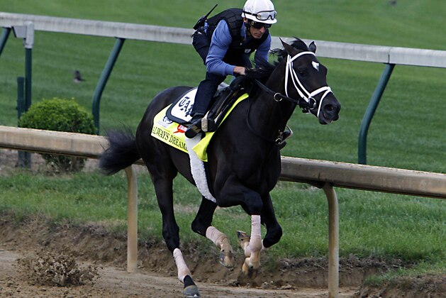 Kentucky Derby hopeful Always Dreaming works out under jockey John Velazquez at Churchill Downs in Louisville, Ky., Friday, April 28, 2017. Always Dreaming is one of five colts eyeing the May 6th horse race from the barn of trainer Todd Pletcher. (AP Photo/Garry Jones)