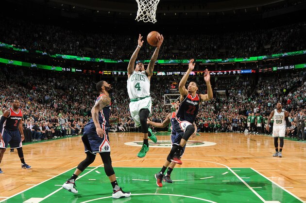 BOSTON, MA - MAY 2: Isaiah Thomas #4 of the Boston Celtics goes for a lay up during the game against the Washington Wizards during Game Two of the Eastern Conference Semifinals of the 2017 NBA Playoffs on May 2, 2017 at the TD Garden in Boston, Massachusetts.  NOTE TO USER: User expressly acknowledges and agrees that, by downloading and or using this photograph, User is consenting to the terms and conditions of the Getty Images License Agreement. Mandatory Copyright Notice: Copyright 2017 NBAE  (Photo by Brian Babineau/NBAE via Getty Images)