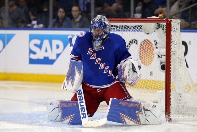 May 2, 2017; New York, NY, USA; New York Rangers goalie Henrik Lundqvist (30) makes a save against the Ottawa Senators during the third period of game three of the second round of the 2017 Stanley Cup Playoffs at Madison Square Garden. Mandatory Credit: Brad Penner-USA TODAY Sports