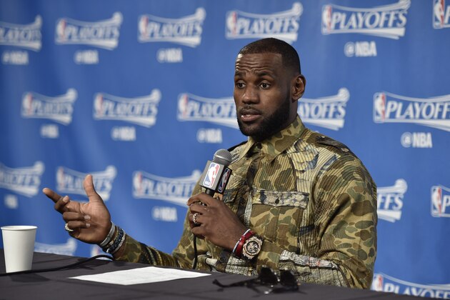 CLEVELAND, OH - MAY 1:  LeBron James #23 of the Cleveland Cavaliers talks to the media during a press conference after Game One of the Eastern Conference Semifinals against the Toronto Raptors during the 2017 NBA Playoffs on May 1, 2017 at Quicken Loans Arena in Cleveland, Ohio. NOTE TO USER: User expressly acknowledges and agrees that, by downloading and/or using this photograph, user is consenting to the terms and conditions of the Getty Images License Agreement. Mandatory Copyright Notice: Copyright 2017 NBAE (Photo by David Liam Kyle/NBAE via Getty Images)