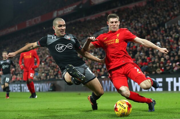LIVERPOOL, ENGLAND - JANUARY 25:  Oriol Romeu of Southampton makes a challenge on James Milner of Liverpool  during the EFL Cup Semi-Final Second Leg match between Liverpool and Southampton at Anfield on January 25, 2017 in Liverpool, England.  (Photo by Julian Finney/Getty Images)