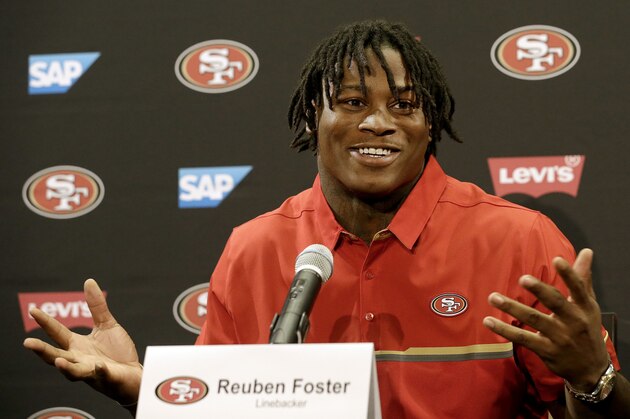 San Francisco 49ers draft pick Reuben Foster answers questions at a news conference in Santa Clara, Calif., Friday, April 28, 2017. (AP Photo/Jeff Chiu)
