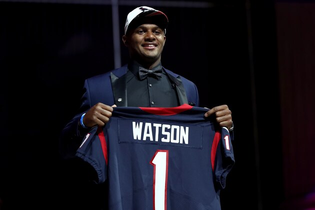 PHILADELPHIA, PA - APRIL 27:  Deshaun Watson of Clemson reacts after being picked #12 overall by the Houston Texans during the first round of the 2017 NFL Draft at the Philadelphia Museum of Art on April 27, 2017 in Philadelphia, Pennsylvania.  (Photo by Elsa/Getty Images)