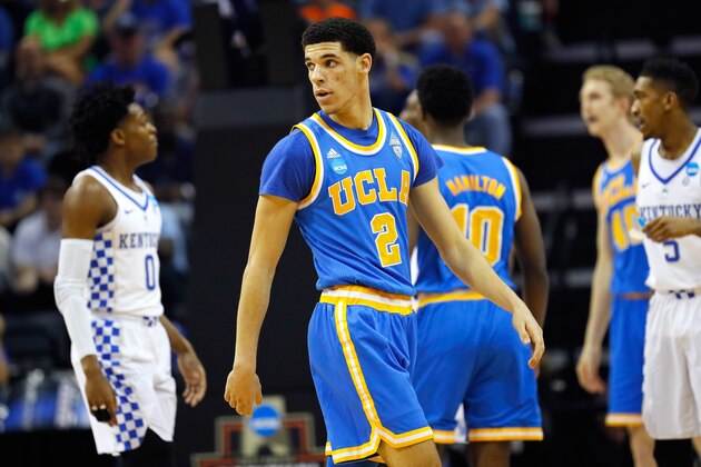 MEMPHIS, TN - MARCH 24: Lonzo Ball #2 of the UCLA Bruins looks on in the first half against the Kentucky Wildcats during the 2017 NCAA Men's Basketball Tournament South Regional at FedExForum on March 24, 2017 in Memphis, Tennessee.  (Photo by Kevin C. Cox/Getty Images)