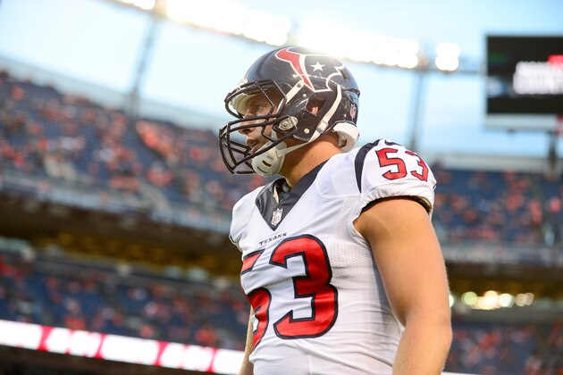 DENVER, CO - OCTOBER 24:  Inside linebacker Max Bullough #53 of the Houston Texans stands not he field before a game against the Denver Broncos at Sports Authority Field at Mile High on October 24, 2016 in Denver, Colorado. (Photo by Dustin Bradford/Getty Images)
