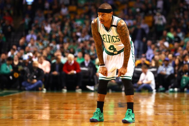 BOSTON, MA - MAY 2: Isaiah Thomas #4 of the Boston Celtics looks on during the first quarter of Game Two of the Eastern Conference Semifinals at TD Garden on May 2, 2017 in Boston, Massachusetts. NOTE TO USER: User expressly acknowledges and agrees that, by downloading and or using this Photograph, user is consenting to the terms and conditions of the Getty Images License Agreement. (Photo by Maddie Meyer/Getty Images)