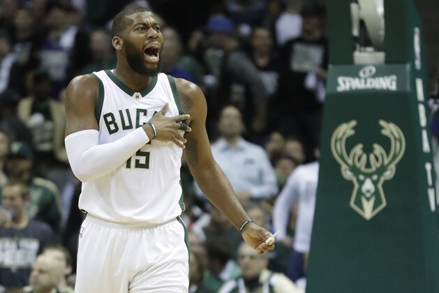 Milwaukee Bucks' Greg Monroe reacts to a call during the first half of game 6 of an NBA first-round playoff series basketball game Toronto Raptors Thursday, April 27, 2017, in Milwaukee. (AP Photo/Morry Gash)