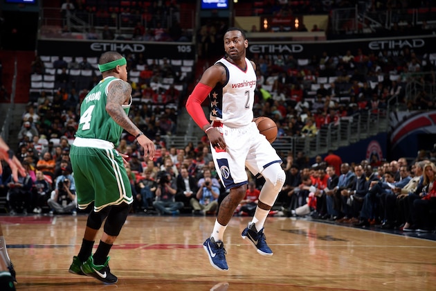 WASHINGTON, DC -  MAY 4: John Wall #2 of the Washington Wizards handles the ball during the game against the Boston Celtics during Game Three of the Eastern Conference Semifinals of the 2017 NBA Playoffs on May 4, 2017 at Verizon Center in Washington, DC. NOTE TO USER: User expressly acknowledges and agrees that, by downloading and or using this Photograph, user is consenting to the terms and conditions of the Getty Images License Agreement. Mandatory Copyright Notice: Copyright 2017 NBAE (Photo by Brian Babineau/NBAE via Getty Images)