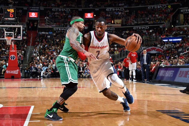 WASHINGTON, DC -  MAY 4: John Wall #2 of the Washington Wizards drives to the basket during the game against Isaiah Thomas #4 of the Boston Celtics during Game Three of the Eastern Conference Semifinals of the 2017 NBA Playoffs on May 4, 2017 at Verizon Center in Washington, DC. NOTE TO USER: User expressly acknowledges and agrees that, by downloading and or using this Photograph, user is consenting to the terms and conditions of the Getty Images License Agreement. Mandatory Copyright Notice: Copyright 2017 NBAE (Photo by Brian Babineau/NBAE via Getty Images)