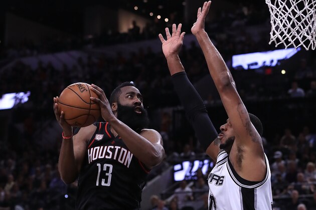 SAN ANTONIO, TX - MAY 03: James Harden #13 of the Houston Rockets drives against LaMarcus Aldridge #12 of the San Antonio Spurs during Game Two of the NBA Western Conference Semi-Finals at AT&T Center on May 3, 2017 in San Antonio, Texas. NOTE TO USER: User expressly acknowledges and agrees that, by downloading and or using this photograph, User is consenting to the terms and conditions of the Getty Images License Agreement. (Photo by Ronald Martinez/Getty Images) SAN ANTONIO, TX - MAY 03: James Harden #13 of the Houston Rockets drives against LaMarcus Aldridge #12 of the San Antonio Spurs during Game Two of the NBA Western Conference Semi-Finals at AT&T Center on May 3, 2017 in San Antonio, Texas. NOTE TO USER: User expressly acknowledges and agrees that, by downloading and or using this photograph, User is consenting to the terms and conditions of the Getty Images License Agreement. (Photo by Ronald Martinez/Getty Images)