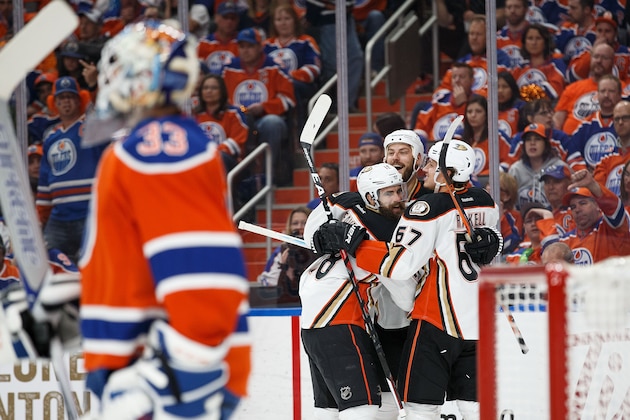 EDMONTON, AB - APRIL 30:  Patrick Eaves #18, Ryan Getzlaf #15 and Rickard Rakell #67 of the Anaheim Ducks celebrate a goal against goalie Cam Talbot #33 of the Edmonton Oilers in Game Three of the Western Conference Second Round during the 2017 NHL Stanley Cup Playoffs at Rogers Place on April 30, 2017 in Edmonton, Alberta, Canada. (Photo by Codie McLachlan/Getty Images)