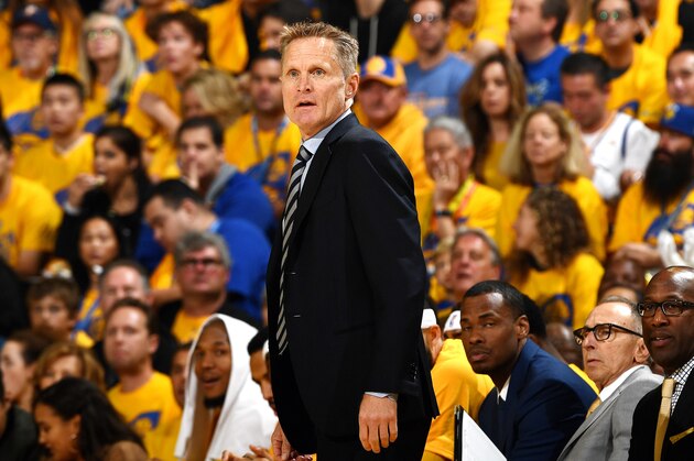 OAKLAND, CA - APRIL 16: Steve Kerr of the Golden State Warriors looks on during the game against the Portland Trail Blazers during the Western Conference Quarterfinals of the 2017 NBA Playoffs on April 16, 2017 at Oracle Arena in Oakland, California. NOTE TO USER: User expressly acknowledges and agrees that, by downloading and or using this photograph, user is consenting to the terms and conditions of Getty Images License Agreement. Mandatory Copyright Notice: Copyright 2017 NBAE (Photo by Garrett Ellwood/NBAE via Getty Images)