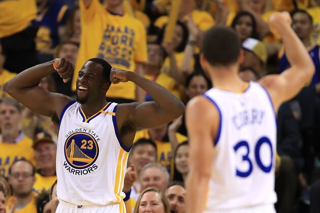 OAKLAND, CA - MAY 04:  Draymond Green #23 of the Golden State Warriors reacts against the Utah Jazz during Game Two of the NBA Western Conference Semi-Finals at ORACLE Arena on May 4, 2017 in Oakland, California.  NOTE TO USER: User expressly acknowledges and agrees that, by downloading and or using this photograph, User is consenting to the terms and conditions of the Getty Images License Agreement.  (Photo by Ezra Shaw/Getty Images)