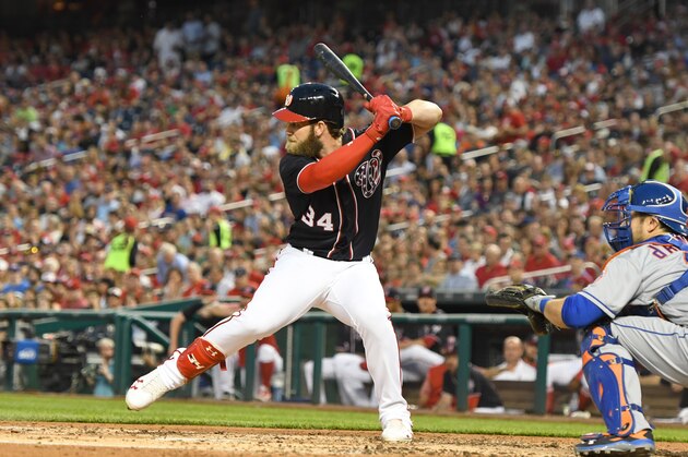 WASHINGTON, DC - APRIL 28:  Bryce Harper #34 of the Washington Nationals prepares for a pitch during a baseball game against the New York Mets at Nationals Park on April 28, 2017 in Washington, DC.  The Mets won 7-5.  (Photo by Mitchell Layton/Getty Images)