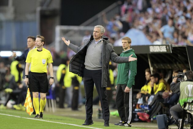 Manchester United's head coach Jose Mourinho gestures during a Europa League, semifinal, first leg soccer match between Celta and Manchester United at the Balaidos stadium in Vigo, Spain, Thursday May 4, 2017. (AP Photo/Lalo R. Villar)