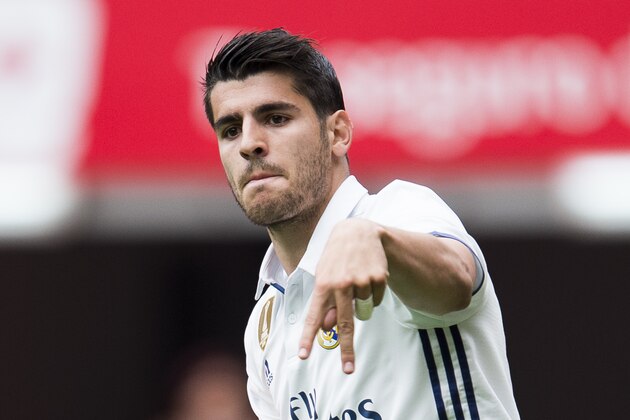 GIJON, SPAIN - APRIL 15:  Alvaro Morata of Real Madrid celebrates after scoring his team's second goal during the La Liga match between Real Sporting de Gijon and Real Madrid at Estadio El Molinon on April 15, 2017 in Gijon, Spain.  (Photo by Juan Manuel Serrano Arce/Getty Images)