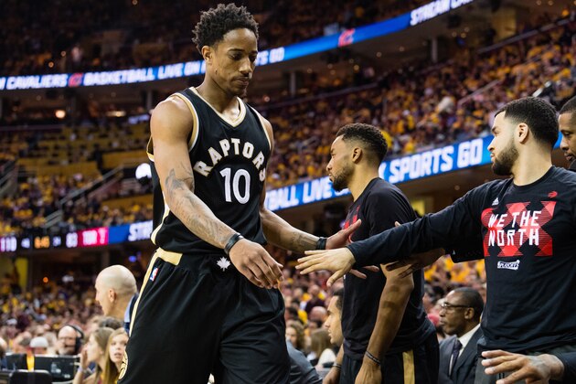 CLEVELAND, OH - MAY 3:  DeMar DeRozan #10 of the Toronto Raptors leaves the game during the second half of Game Two of the NBA Eastern Conference semifinals against the Cleveland Cavaliers at Quicken Loans Arena on May 3, 2017 in Cleveland, Ohio. The Cavaliers defeated the Raptors 125-103. NOTE TO USER: User expressly acknowledges and agrees that, by downloading and or using this photograph, User is consenting to the terms and conditions of the Getty Images License Agreement. (Photo by Jason Miller/Getty Images)