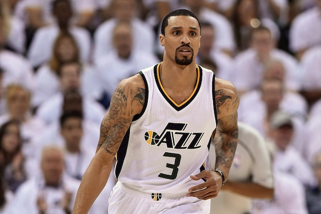 SALT LAKE CITY, UT - APRIL 28: George Hill #3 of the Utah Jazz brings the ball up court in the first half against the Los Angeles Clippers in Game Six of the Western Conference Quarterfinals during the 2017 NBA Playoffs at Vivint Smart Home Arena on April 28, 2017 in Salt Lake City, Utah. NOTE TO USER: User expressly acknowledges and agrees that, by downloading and or using this photograph, User is consenting to the terms and conditions of the Getty Images License Agreement. (Photo by Gene Sweeney Jr/Getty Images)