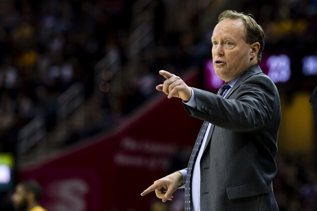 CLEVELAND, OH - APRIL 7: Mike Budenholzer of the Atlanta Hawks signals to his players during the first half against the Cleveland Cavaliers at Quicken Loans Arena on April 7, 2017 in Cleveland, Ohio. NOTE TO USER: User expressly acknowledges and agrees that, by downloading and/or using this photograph, user is consenting to the terms and conditions of the Getty Images License Agreement. (Photo by Jason Miller/Getty Images)